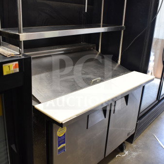 Everest EPBR2 sandwich salad prep table with bain marie mega top, two-tier shelf, 115V, 1 phase. Stainless steel, used.