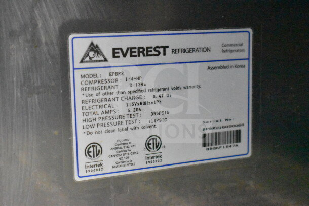 Everest EPBR2 label for a Commercial Sandwich Salad Prep Table, 115V, 1 Phase, featuring refrigerant R-134a and 1/4 HP compressor.