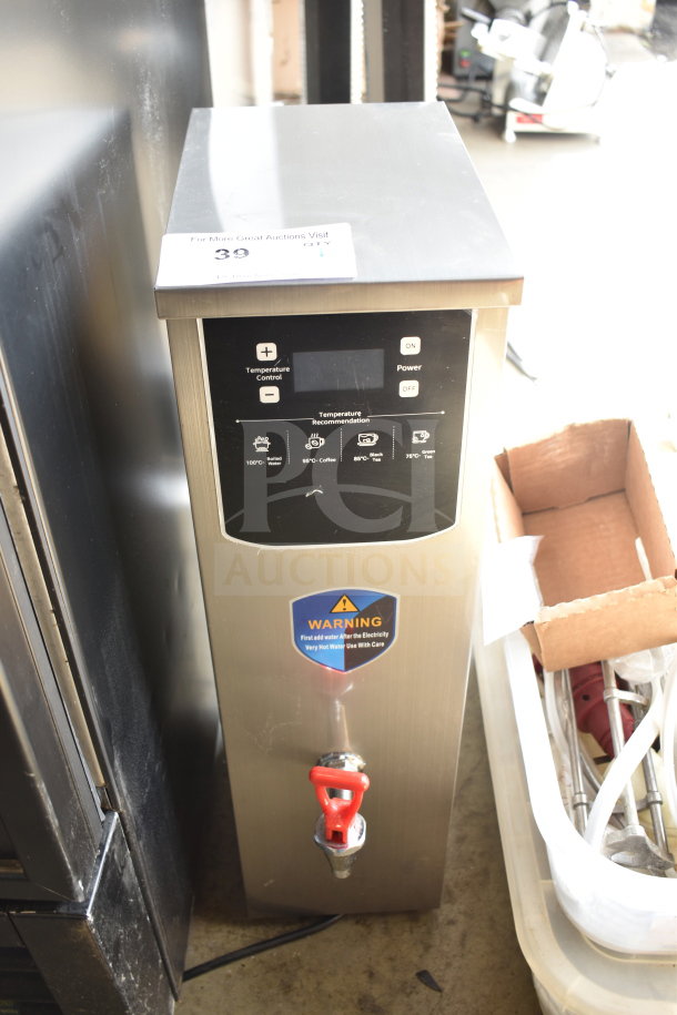 AMZ-B-20 commercial countertop hot water dispenser, 120 volts, 1 phase. Digital controls, warning label visible.