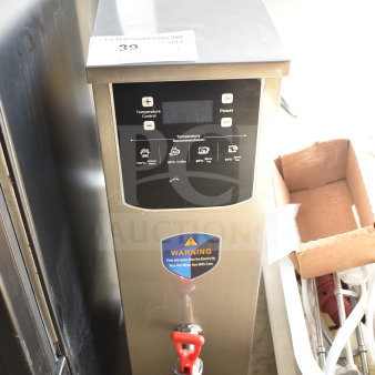 AMZ-B-20 commercial countertop hot water dispenser, 120 volts, 1 phase. Digital controls, warning label visible.