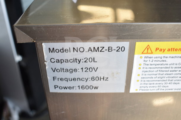 AMZ-B-20 commercial countertop hot water dispenser, 20L capacity. Features 120V, 60Hz, 1600W. Durable metal construction.
