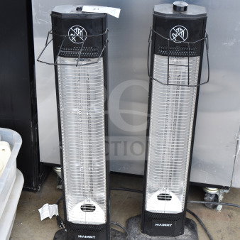 Pair of Haimmy UEH520 infrared electric heaters, 120 volts, 1 phase, black, with protective grilles, good condition.