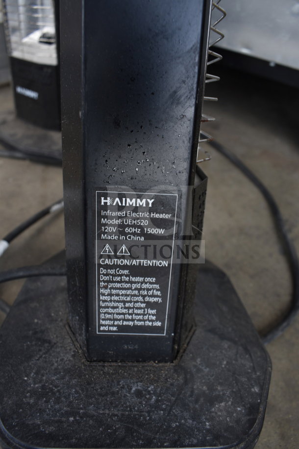 Haimmy UEH520 infrared electric heater, 120V, 1 phase, showing label with model details and caution instructions.