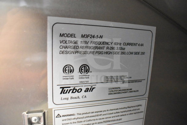 Turbo Air M3F24-1-N commercial freezer label, 115V, single door, R-290 refrigerant, design pressure 350/250 PSIG, ETL listed.