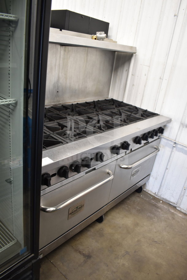 Mainstreet 541E60N commercial range with 10 burners, 2 ovens, overshelf, and backsplash. Natural gas. Good condition.