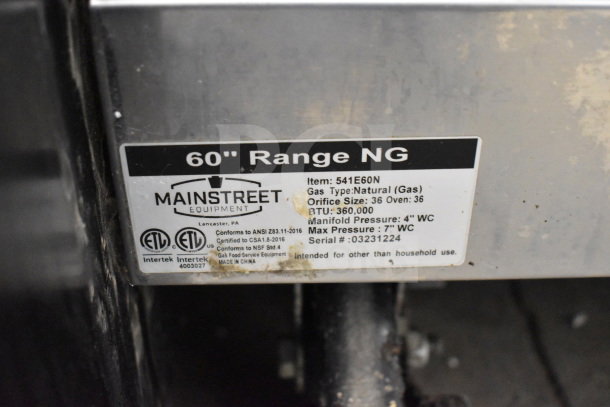 Mainstreet 541E60N label showing commercial 10-burner gas range details, including BTU, pressure, and certifications.