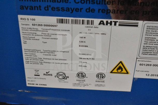 AHT RIO S 100 Commercial Chest Freezer, 115 Volts, 1 Phase. Label shows technical specs and compliance marks.