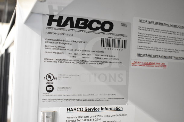 2019 Habco SE18 Commercial Single Door Reach In Cooler, 115V, model SE18, UL and NSF listed, warranty info visible.