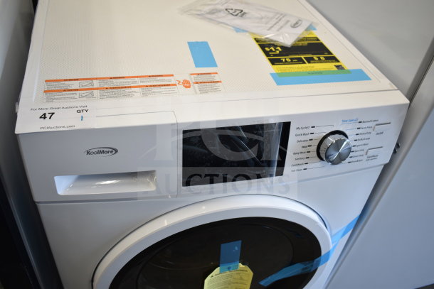 KoolMore front load washer, brand new with scratch and dent, intact control panel, visible model details, auction tag attached.