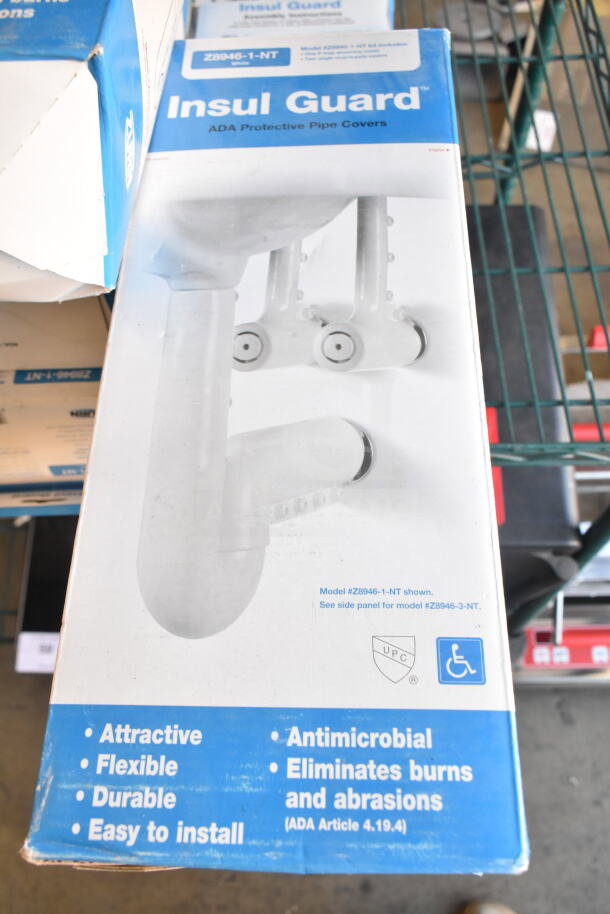 "Box of Insul Guard ADA pipe covers, model Z8946-1-NT. Features attractive, durable, antimicrobial design. Brand new."