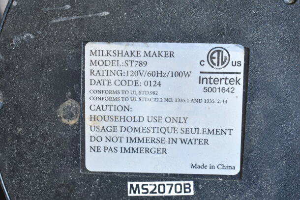 ST789 Milkshake Mixer label with specs: 120V/100W, caution for household use only, made in China. Model MS2070B.