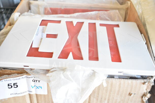 Box containing nine items, featuring a red and white "EXIT" sign. Auction label with "55" and "9X9" visible.