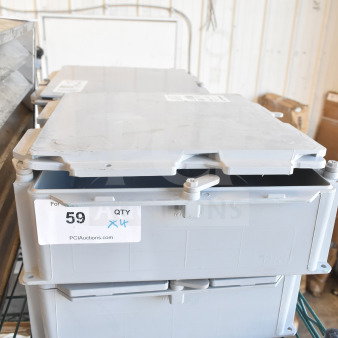 4 Kraloy JBX12124 gray poly junction boxes, new, stackable, with label "59 QTY x4". Auction item for durability and outdoor use.