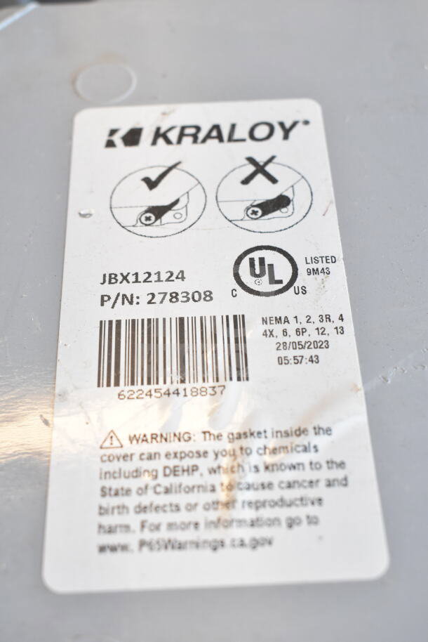 Kraloy JBX12124 gray poly junction box, UL listed, part number 278308, includes warning about DEHP exposure.