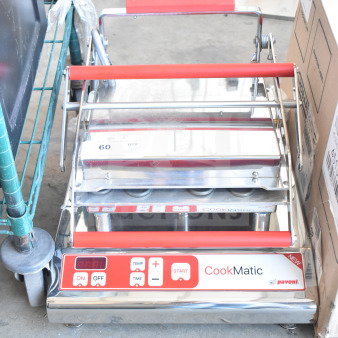 Pavoni Newcookmatic V1 pastry press, 110V, 1 phase. Features control panel, red accents. Used for tartlets.