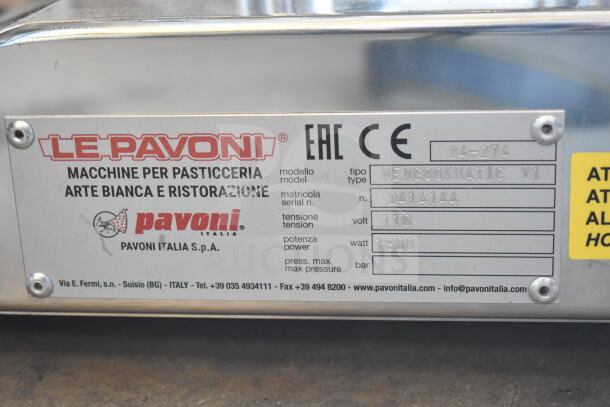 Pavoni Newcookmatic V1 commercial pastry press, 110V, 1 phase. Visible label details model and serial number.