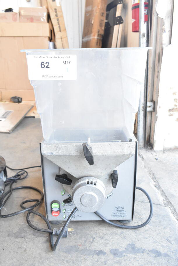 Old Tyme PN2 commercial countertop nut grinder base with hopper mount, 115 volts, 1 phase, used condition, visible power cord.