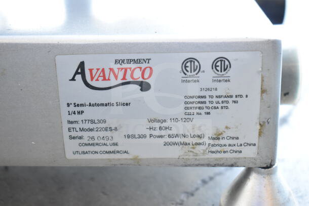 Avantco 177SL309 commercial meat slicer label showing specifications: 9" semi-automatic, 1/4 HP, 110-120V, ETL listed.