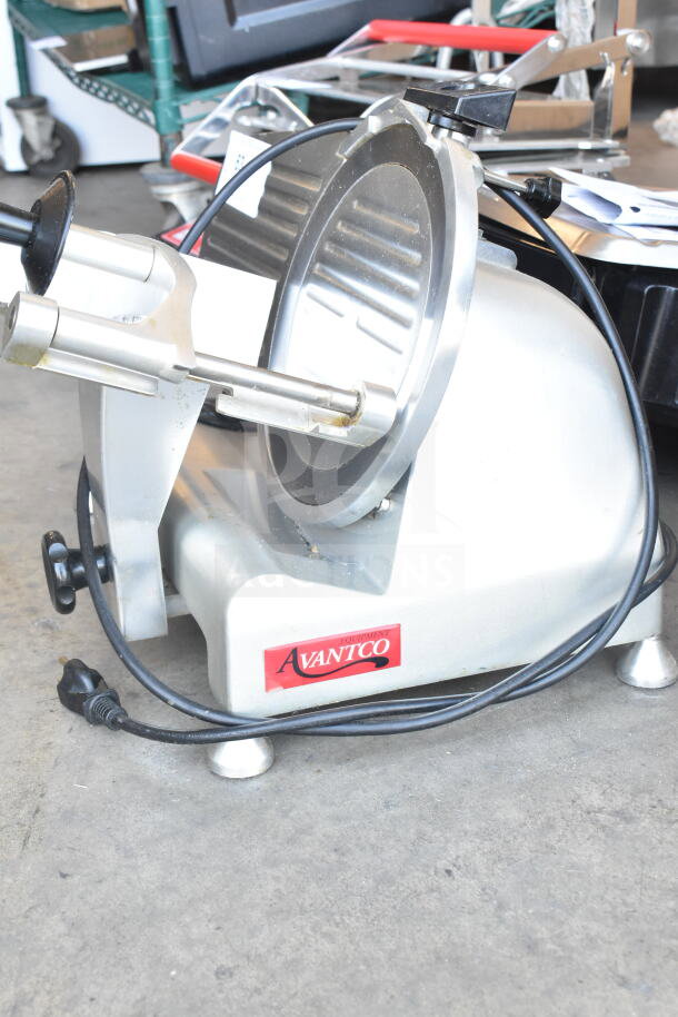 Avantco 177SL309 Commercial Countertop Meat Slicer, used condition, 110-120 Volts, 1 Phase, visible Avantco label.