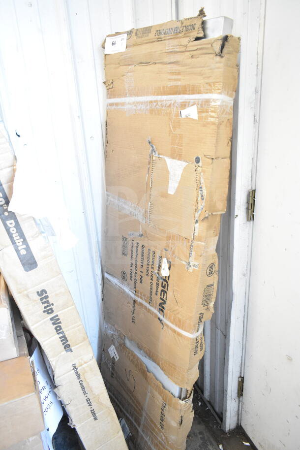 Brand new Regency 600DOS1860 stainless steel double deck overshelf, 18"x60"x32", in scratched packaging.