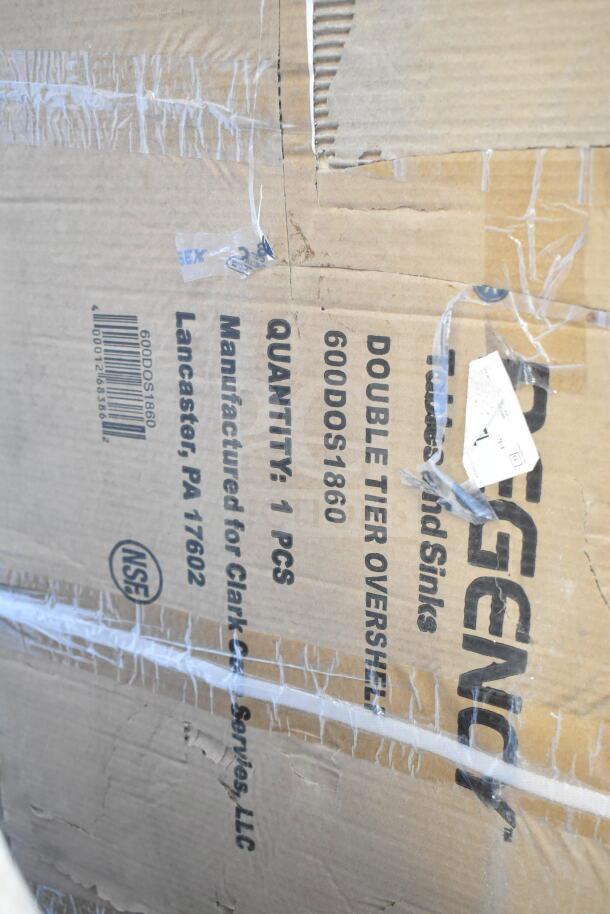 New Regency 600DOS1860 stainless steel double deck overshelf, dimensions 18"x60"x32", scratch and dent condition.
