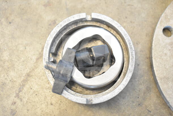 2 front pieces of Old Tyme nut grinder, metal components with screw mechanism, worn but functional condition.