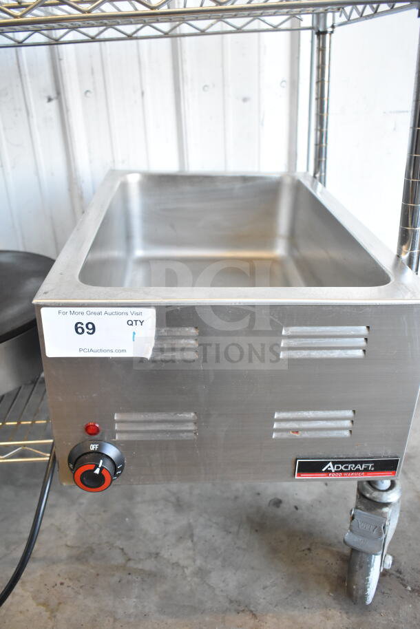 Adcraft Commercial Countertop Food Warmer, 120 Volts, 1 Phase, stainless steel, adjustable knob, on caster.