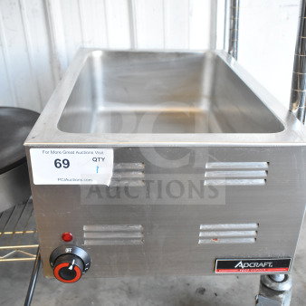 Adcraft Commercial Countertop Food Warmer, 120 Volts, 1 Phase, stainless steel, adjustable knob, on caster.
