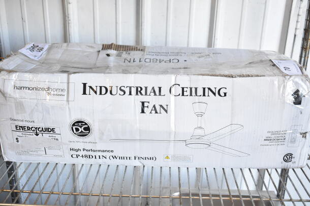 Harmonized Home CP48D11N industrial ceiling fan in damaged box. White finish, high performance, energy-efficient model.