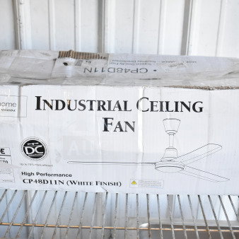 Harmonized Home CP48D11N industrial ceiling fan in damaged box. White finish, high performance, energy-efficient model.