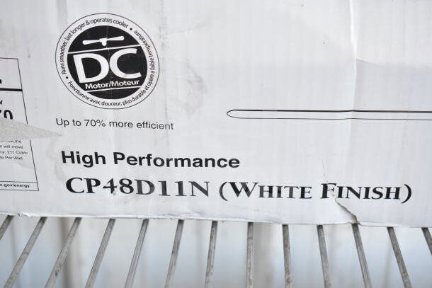Harmonized Home CP48D11N industrial ceiling fan box with efficiency and performance labels, white finish.
