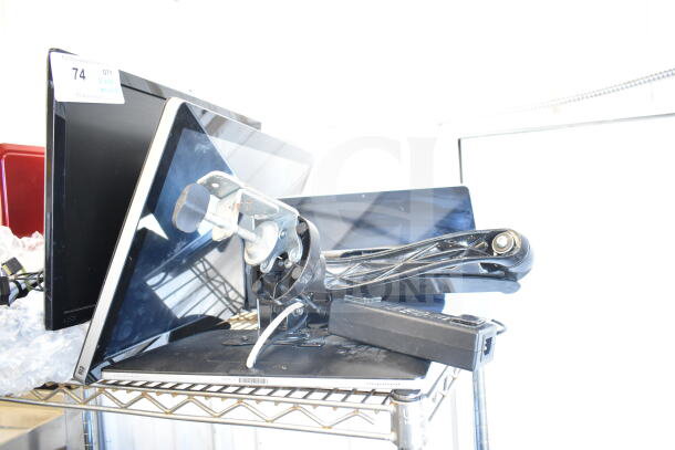 4 POS monitors with mounting hardware, various brands, good condition, includes wires and accessory parts, bid multiplies by 4.