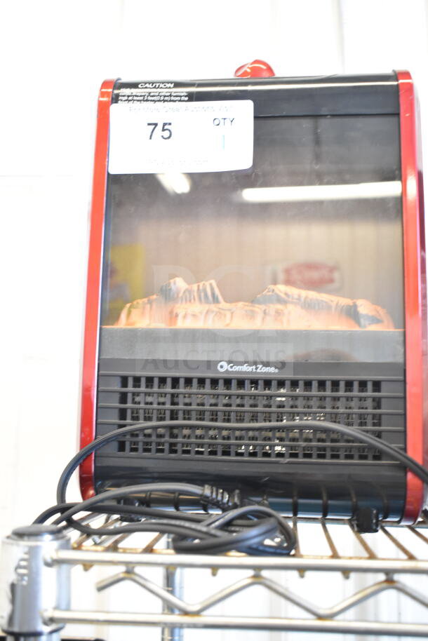 Comfort Zone CZFP1 Electric Fireplace, 120V, 1 Phase. Red and black design, visible power cord, auction tag #75.