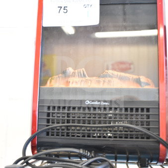 Comfort Zone CZFP1 Electric Fireplace, 120V, 1 Phase. Red and black design, visible power cord, auction tag #75.