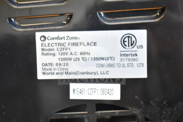 Comfort Zone CZFP1 Electric Fireplace label showing 120V, 1 phase, 1200W. Model CZFP1. Made in China.