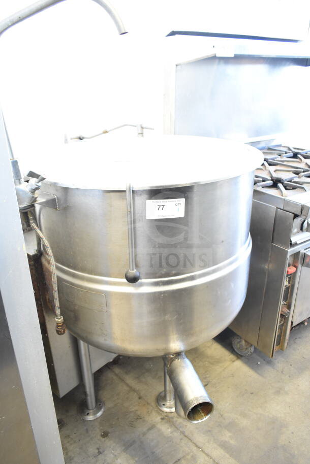 Cleveland KGL-60 60 Gallon Steam Kettle; durable stainless steel, freestanding, visible control valves, auction tag "77".