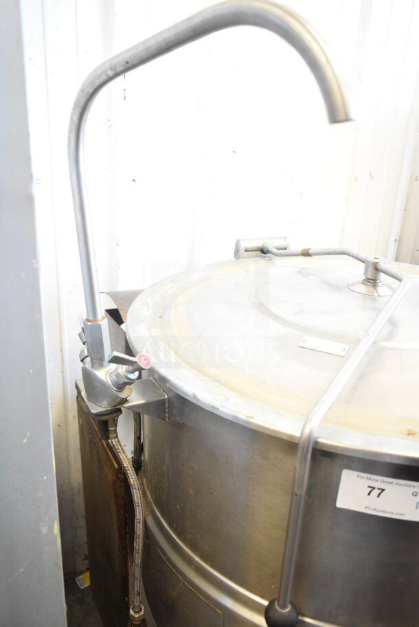 Cleveland KGL-60 Commercial 60 Gallon Steam Kettle in stainless steel, floor style, attached faucet, minor wear visible.