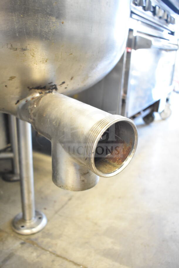 Cleveland KGL-60 commercial 60-gallon steam kettle, stainless steel, floor model, showing spout, used condition.