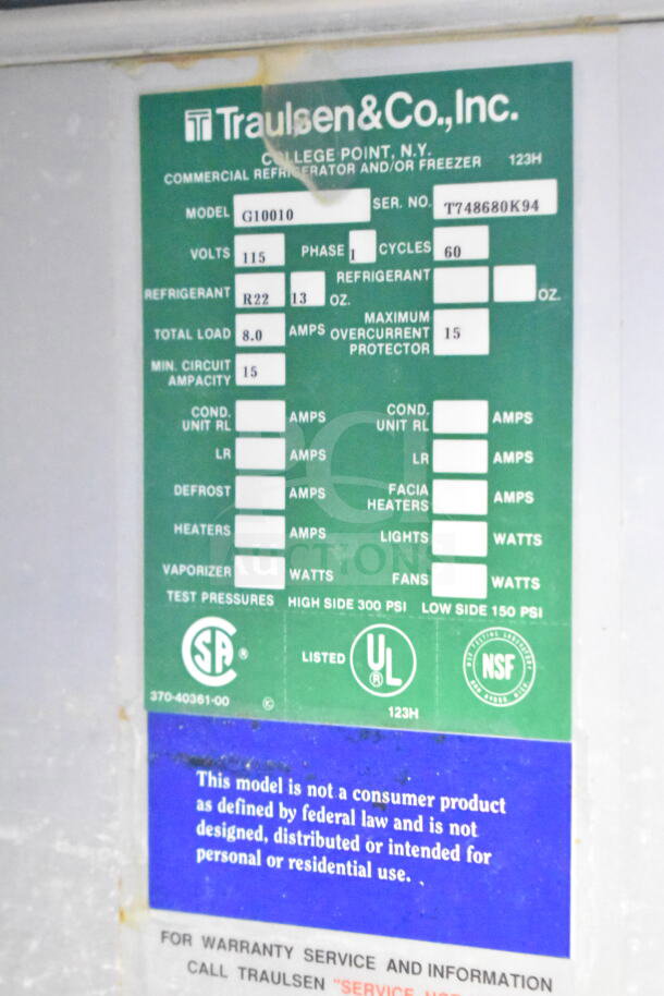 Traulsen G10010 Commercial Reach-In Cooler, 115V, 1 Phase, features label with specs for refrigerant and power.