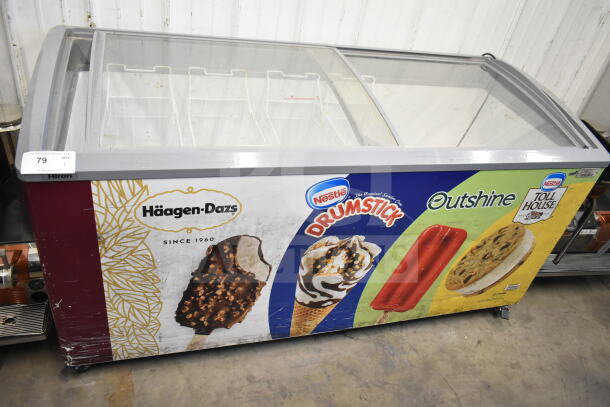 SD-575K Commercial Chest Freezer Merchandiser, 115V, 1 Phase, features ice cream branding, on commercial casters.