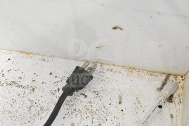 SD-575K commercial chest freezer merchandiser plug detail with visible dirt and debris. Model SD-575K, 115 volts, 1 phase.