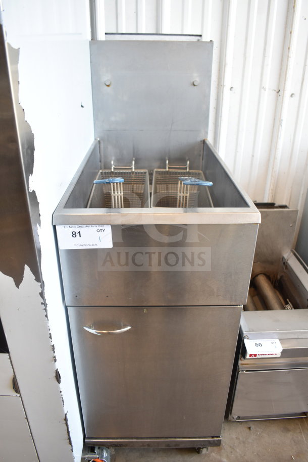Pitco Frialator natural gas deep fat fryer, floor style, 107,000 BTU, with dual fryer baskets, used condition, auction label visible.