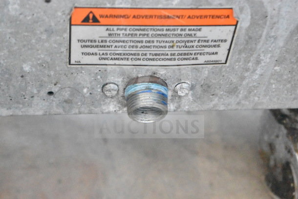 Pitco Frialator natural gas deep fryer with 107,000 BTU. Features warning label for tapered pipe connections.