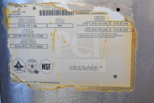 Pitco Frialator floor-style deep fat fryer label, showing 107,000 BTU, natural gas, 40 lbs capacity, CSA and NSF certifications.