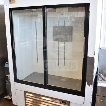 Optimum SG-54 Commercial 2 Door Cooler Merchandiser, 120V, 1 Phase, with black trim, in used condition.
