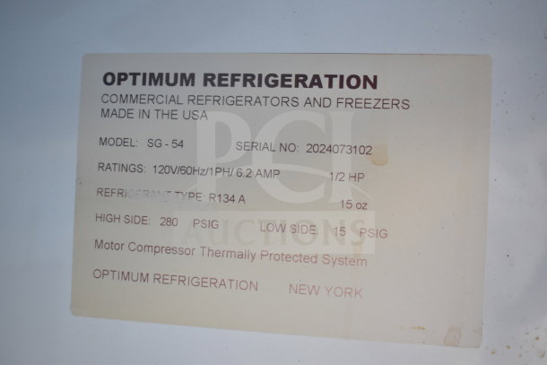 Optimum SG-54 Commercial 2 Door Cooler; 120V, 1 Phase. Label shows model details and thermal protection system.
