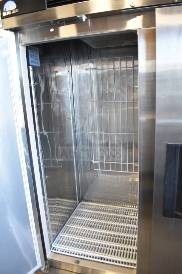 Blue Air BASR2 commercial 2-door reach-in cooler, stainless steel, 115 volts, 1 phase, clean interior with shelving.