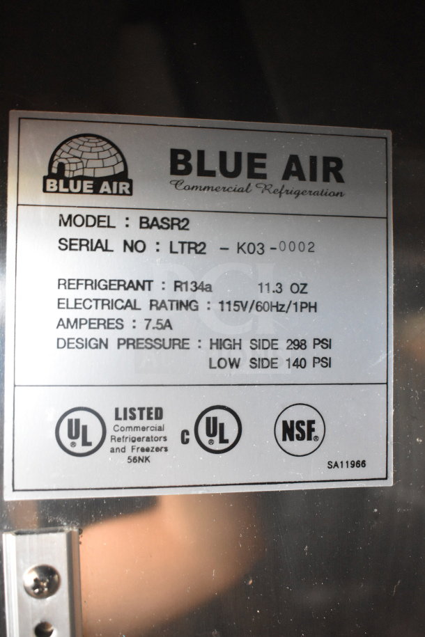 Blue Air BASR2 Commercial 2 Door Reach In Cooler, 115V, 1 Phase, UL and NSF listed, model label details.