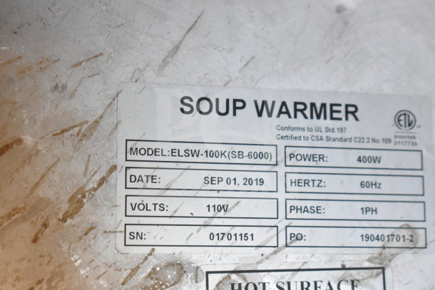 ELSW-100K countertop soup kettle food warmer, model ELSW-100K, 120V, 1 phase, label shows 400W, 60Hz, used condition.