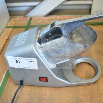 Zeny Countertop Ice Crusher, 110-120V, 1 Phase. Metallic finish, visible power switch, good condition, auction label 87.